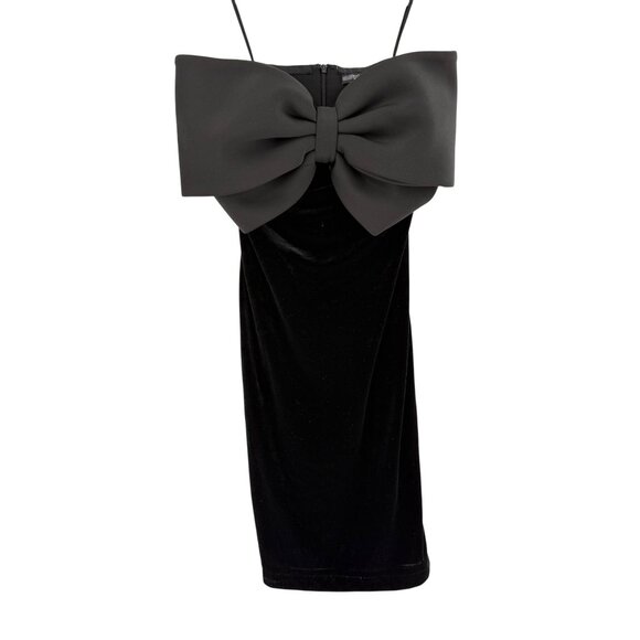 Badgley Mischka Black Strapless Velvet Dress W/ Oversized Bow Detail Size 6 - Picture 2 of 8